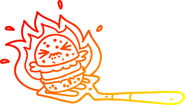 warm gradient line drawing of a cartoon burger on spatula png