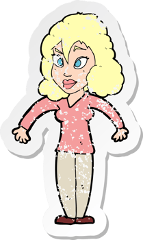 retro distressed sticker of a cartoon woman shrugging shoulders drawing png
