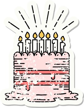 worn old sticker of a tattoo style birthday cake png