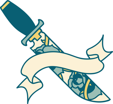 traditional tattoo with banner of a dagger and flowers png