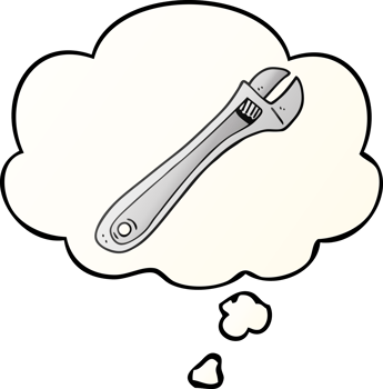 cartoon spanner with thought bubble in smooth gradient style png