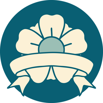 tattoo style icon with banner of a flower png