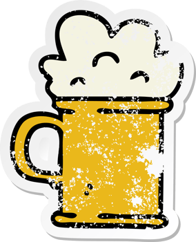 distressed sticker of a quirky hand drawn cartoon tankard of beer png