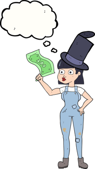 hand drawn thought bubble cartoon woman holding on to money png