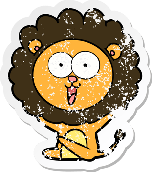 distressed sticker of a happy cartoon lion png