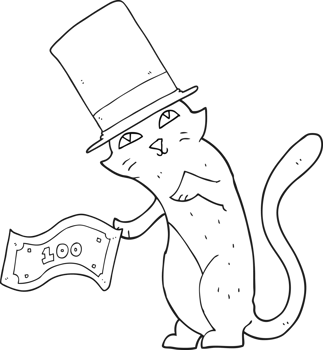 hand drawn black and white cartoon rich cat png