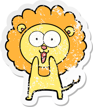 distressed sticker of a happy cartoon lion png