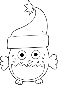 hand drawn black and white cartoon owl wearing christmas hat png