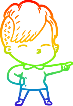 rainbow gradient line drawing of a cartoon squinting girl png