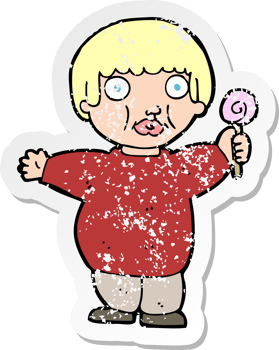 retro distressed sticker of a cartoon fat child drawing png