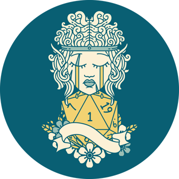 Retro Tattoo Style sad elf barbarian character face with natural one D20 roll png