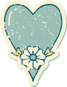 iconic distressed sticker tattoo style image of a heart and flower png