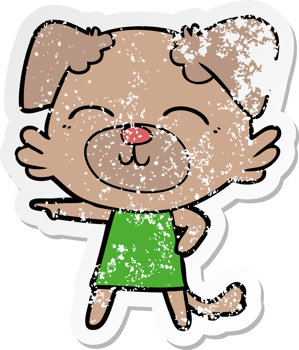 distressed sticker of a cartoon dog in dress pointing png