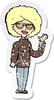 retro distressed sticker of a cartoon woman waving drawing png