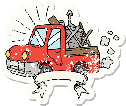 worn old sticker of a tattoo style truck carrying junk png