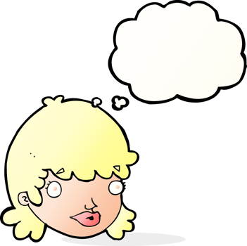 cartoon female face with surprised expression with thought bubble png