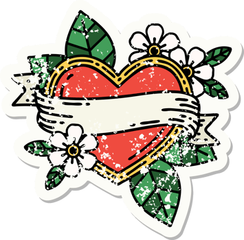 distressed sticker tattoo in traditional style of a heart and banner png