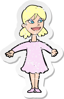 retro distressed sticker of a cartoon woman with open arms drawing png