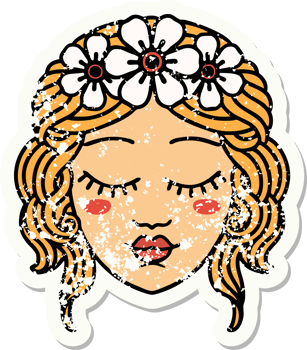 distressed sticker tattoo in traditional style of female face with eyes closed png