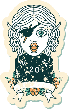 Retro Tattoo Style elf rogue character with natural twenty dice roll png
