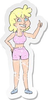 retro distressed sticker of a happy gym woman giving thumbs up symbol drawing png