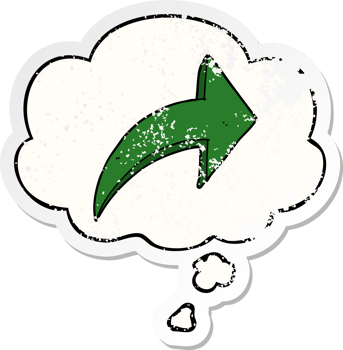 cartoon pointing arrow with thought bubble as a distressed worn sticker png