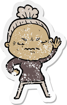 distressed sticker of a cartoon annoyed old lady png