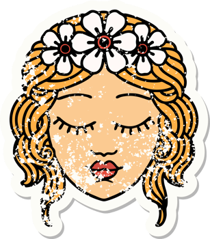 distressed sticker tattoo in traditional style of a maidens face png