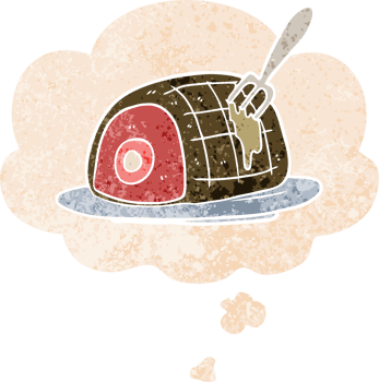 cartoon cooked beef with thought bubble in grunge distressed retro textured style png