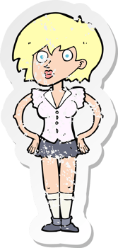 retro distressed sticker of a cartoon surprised woman with hands on hips drawing png