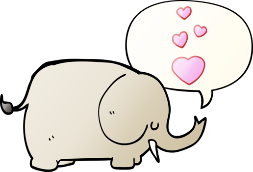 cute cartoon elephant with love hearts with speech bubble in smooth gradient style png