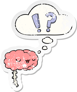cartoon curious brain with thought bubble as a distressed worn sticker png
