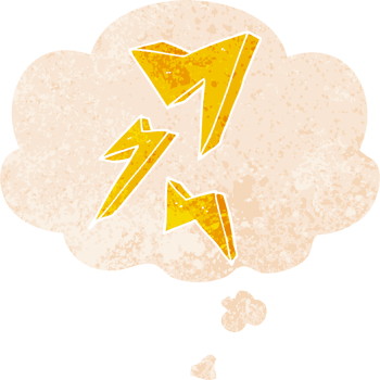 cartoon lightning bolt with thought bubble in grunge distressed retro textured style png