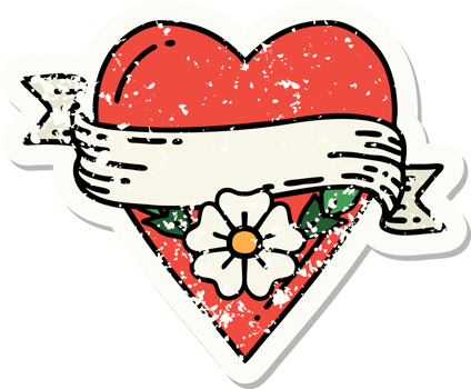 distressed sticker tattoo in traditional style of a heart flower and banner png