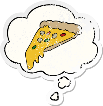 cartoon pizza slice with thought bubble as a distressed worn sticker png