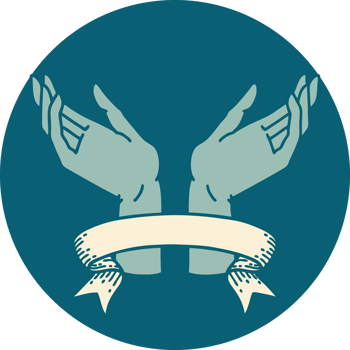 tattoo style icon with banner of open hands png