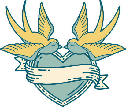 iconic tattoo style image of swallows and a heart with banner png