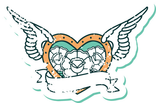 iconic distressed sticker tattoo style image of a flying heart with flowers and banner png