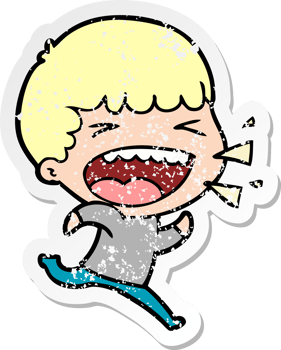distressed sticker of a cartoon laughing man png