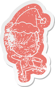 cute quirky cartoon distressed sticker of a girl with hipster haircut wearing santa hat png