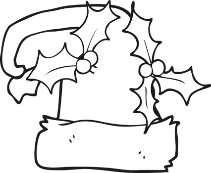 hand drawn black and white cartoon christmas holly hat png
