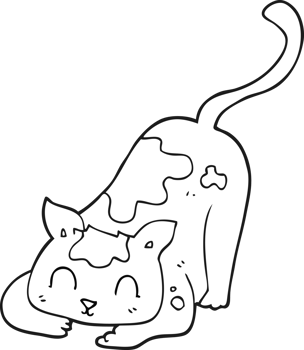 hand drawn black and white cartoon cat playing png