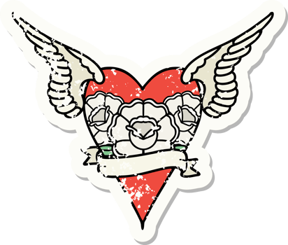 distressed sticker tattoo in traditional style of a flying heart with flowers and banner png