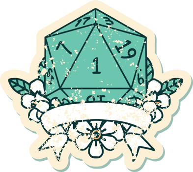 Retro Tattoo Style natural one d20 dice roll png
