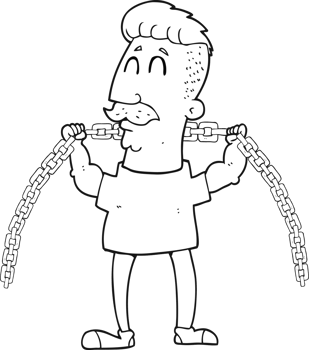 hand drawn black and white cartoon man lifting chain png