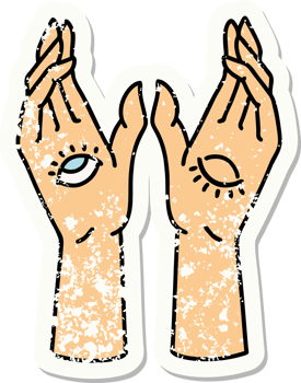 distressed sticker tattoo in traditional style of mystic hands png