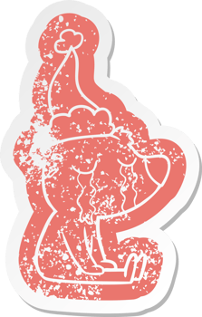 quirky cartoon distressed sticker of a crying sitting polar bear wearing santa hat png