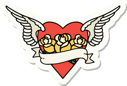 sticker of tattoo in traditional style of heart with wings flowers and banner png