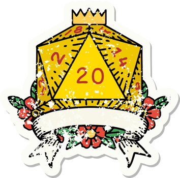 grunge sticker of a natural 20 critical hit D20 dice roll png