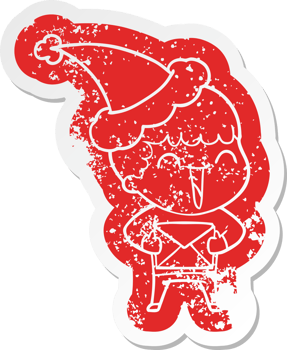 quirky cartoon distressed sticker of a happy man wearing santa hat png